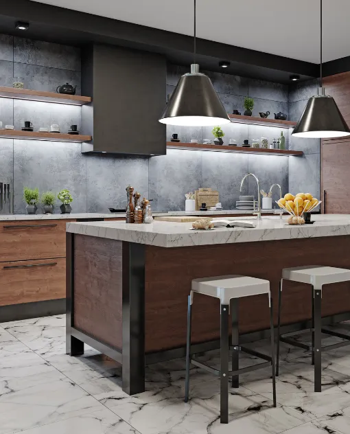 Modern kitchen designed by Avinya Projects, with a marble waterfall island, pendant lighting, and open wood shelving