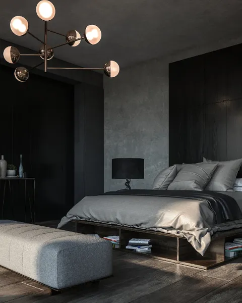Contemporary bedroom designed by Avinya Projects, with a sculptural globe chandelier and upholstered bench